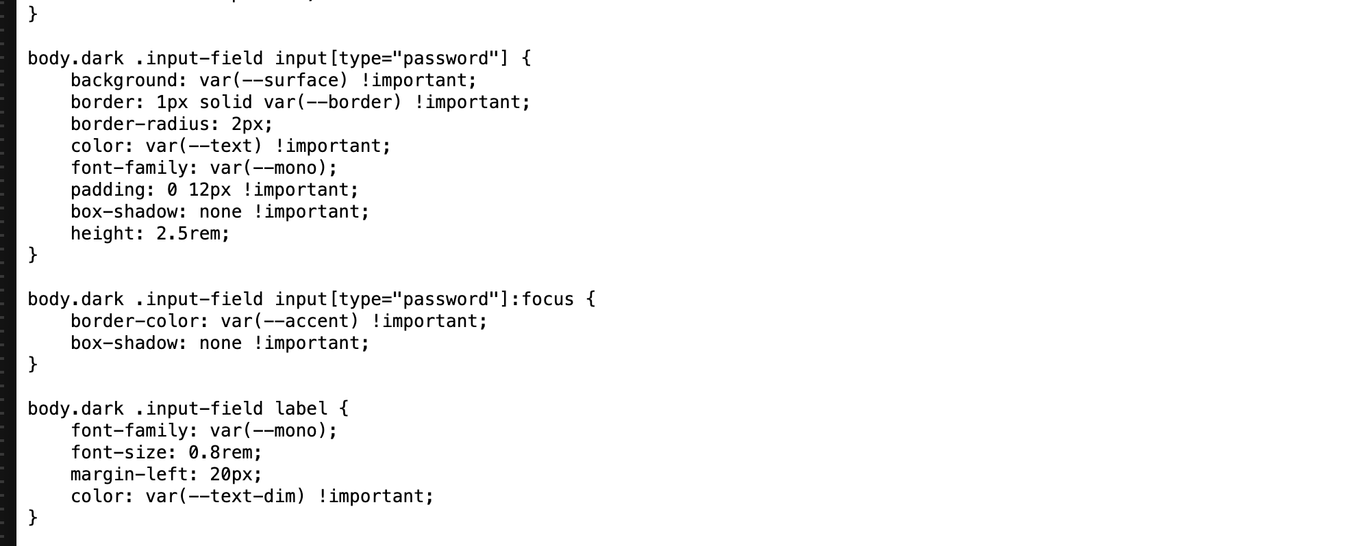 Stylesheet source exposing unused form and interface rules